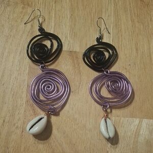 Handcrafted Black and Purple Spiral Drop Earrings with White Shell Charm